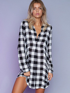 Fabuleuse robe droite mode en fibres de coton noir écossais vêtements journaliers col à revers