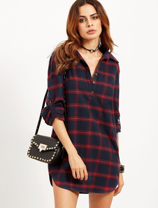 Magnifique robe droite mode en fibres de coton bleu foncé écossais avec bouton col à revers