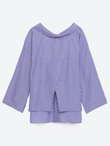 Blouse femme mode en polyester bleu avec rayure fendu devant court et derrière long