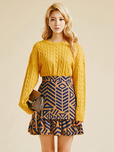 Populaire pull-over féminin casual marron foncé unicolore manches longues