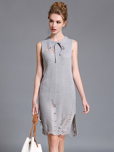 Populaire robe pull mode unicolore fendue irréguliere revers embelli plein air