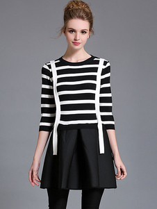 Magnifique robe pull mode noire bicolore plissée col rond plein air