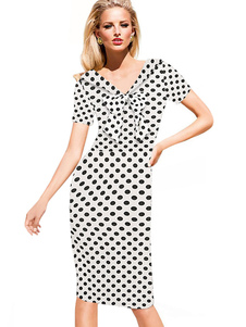 Charmante robe bodycon en coton mélangé col V à pois avec noeud