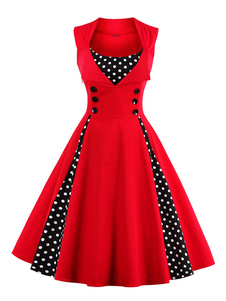 Magnétique robe vintage moderne rouge à pois plissée col carré