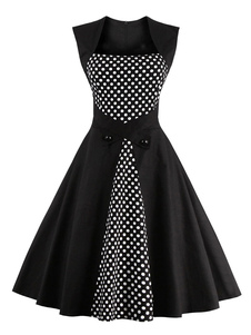 Fascinante robe vintage moderne noire à pois plissée col carré