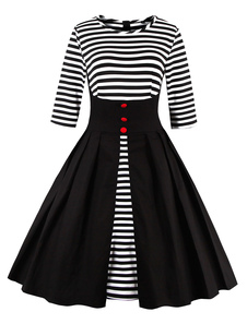 Élégente robe vintage moderne avec rayure et bouton col rond de réception