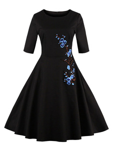 Belle robe skater moderne en coton mélangé unicolore imprimé fleuri col rond