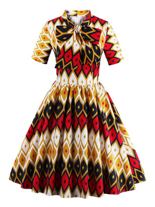 Magnétique robe vintage jaune moderne impression avec noeud revers embelli de réception