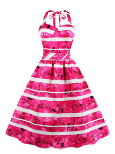 Populaire robe vintage moderne impression imprimé fleurie à licou