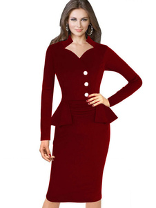 Bodycon Vintage robes Peplum rouge volant gaine rétro robe manches longues femmes