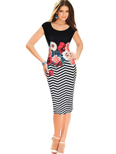 Populaire robe bodycon en coton mélangé noir col rond à zigzags imprimé fleuri
