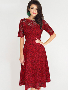 Manches courtes d’Illusion Bateau robe rétro robe rouge dentelle Vintage Style féminin