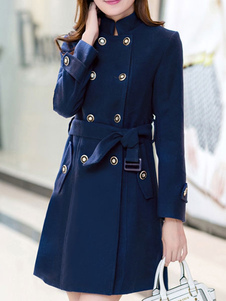 Fascinant manteau laine de plaine unicolore avec bouton croisé col montant