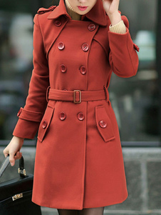 Adorable manteau femme laine de plaine unicolore avec ceinture croisé col à revers