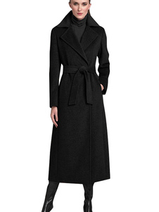 Fascinant manteau laine de plaine noir unicolore avec ceinture convenable col à revers