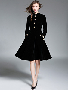 Magnétique manteau en velours de soie noir unicolore avec bouton convenable col montant