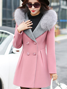 Énigmatique manteau laine de plaine bicolore en fausse fourrure croisé col à revers