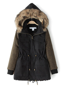 Magnétique manteau femme en coton mélangé noir bicolore en fausse fourrure convenable à capuche