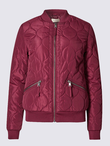 Chic manteau femme en polyester bordeaux unicolore avec zip convenable col montant