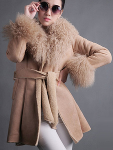 Chic manteau femme en suédé unicolore en fausse fourrure convenable col à revers