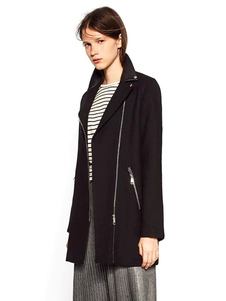 Fascinant manteau femme laine de plaine noir unicolore avec zip coupe asymétrique col à revers