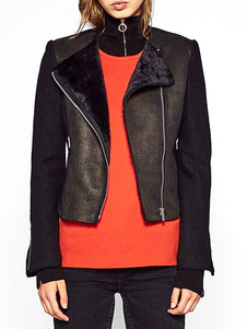 Magnétique manteau en PU noir unicolore avec zip coupe asymétrique col à revers