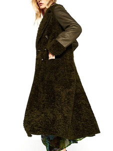 Beau manteau femme en suédé vert foncé unicolore en fausse fourrure surdimensionné col à revers