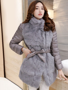 Charmant manteau en polyester unicolore avec ceinture coupe asymétrique col montant