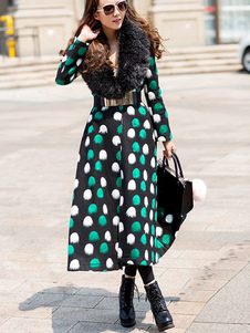 Beau manteau femme laine de plaine vert à pois avec ceinture convenable col à revers