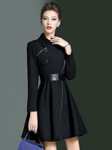 Chic manteau femme en polyester unicolore avec zip coupe asymétrique col à revers