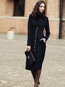 Fascinant manteau femme laine de plaine unicolore avec bouton convenable col montant