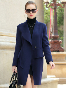 Chic manteau femme laine de plaine unicolore avec bouton irrégulier col à revers