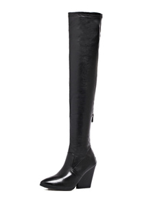 Cuissardes à talons épais en PU noir unicolore Zip en peluche courte artificielle