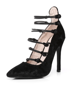 Chaussures à talons à talons aigus en tissu de terry unicolore Mary Janes avec bouton en peau de por