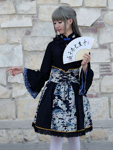 Tenue de lolita style éthnique en laine mélangée impression avec noeud col roulé manches longues