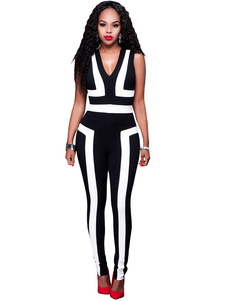 Populaire combinaison féminine casual noire bicolore street style