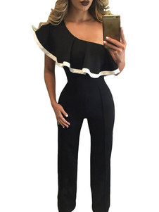 Populaire combinaison féminine sexy noire unicolore à volants quotidienne