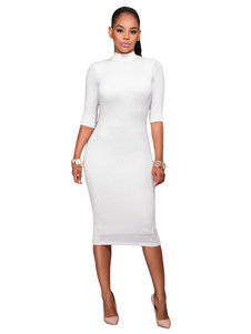 Populaire robe bodycon en polyester col roulé unicolore à dos décolleté