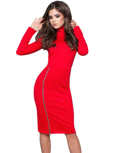 Robe bodycon en polyester rouge col roulé unicolore avec zip