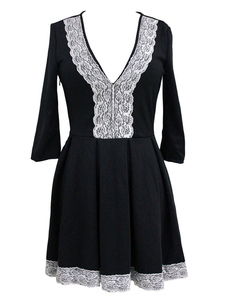 Chic robe skater élégant en polyester unicolore col V