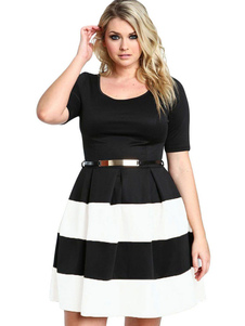 Séduisante robe skater doux en polyester bicolore col rond