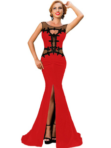 Robe longue rouge en polyester unicolore fendu col rond