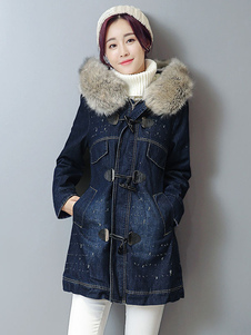 Adorable manteau bleu foncé unicolore avec bouton thermique à capuche