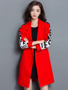 Fascinant manteau en tweed rouge imprimé lettres imprimé fleuri surdimensionné revers cranté