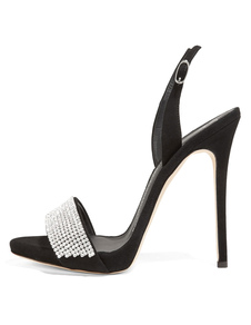 Sandales de mariée en PU noir unicolore avec strass à talons aigus et talons décolletés