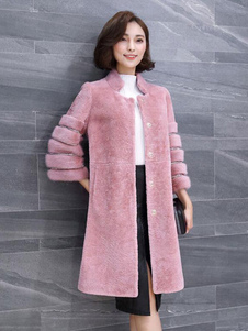 Manche 3/4 de fourrure rose manteau mi-longueur Stand poches fausse fourrure manteau collier féminin