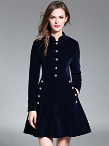 Magnifique robe skater mode en velours bleu foncé unicolore avec bouton col montant