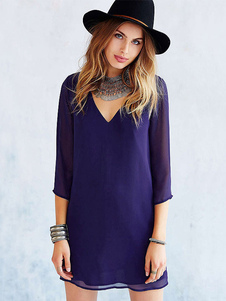 Magnétique robe droite mode en chiffon unicolore à dos décolleté creusé col V