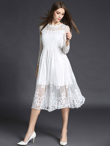 Robe en dentelle blanche ronde cou manches longues semi Sheer a-line Skater robe pour femmes
