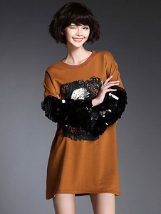Plus taille T-shirt robe Sequins manches longues Eagle impression bijou cou coton robe pour femmes
